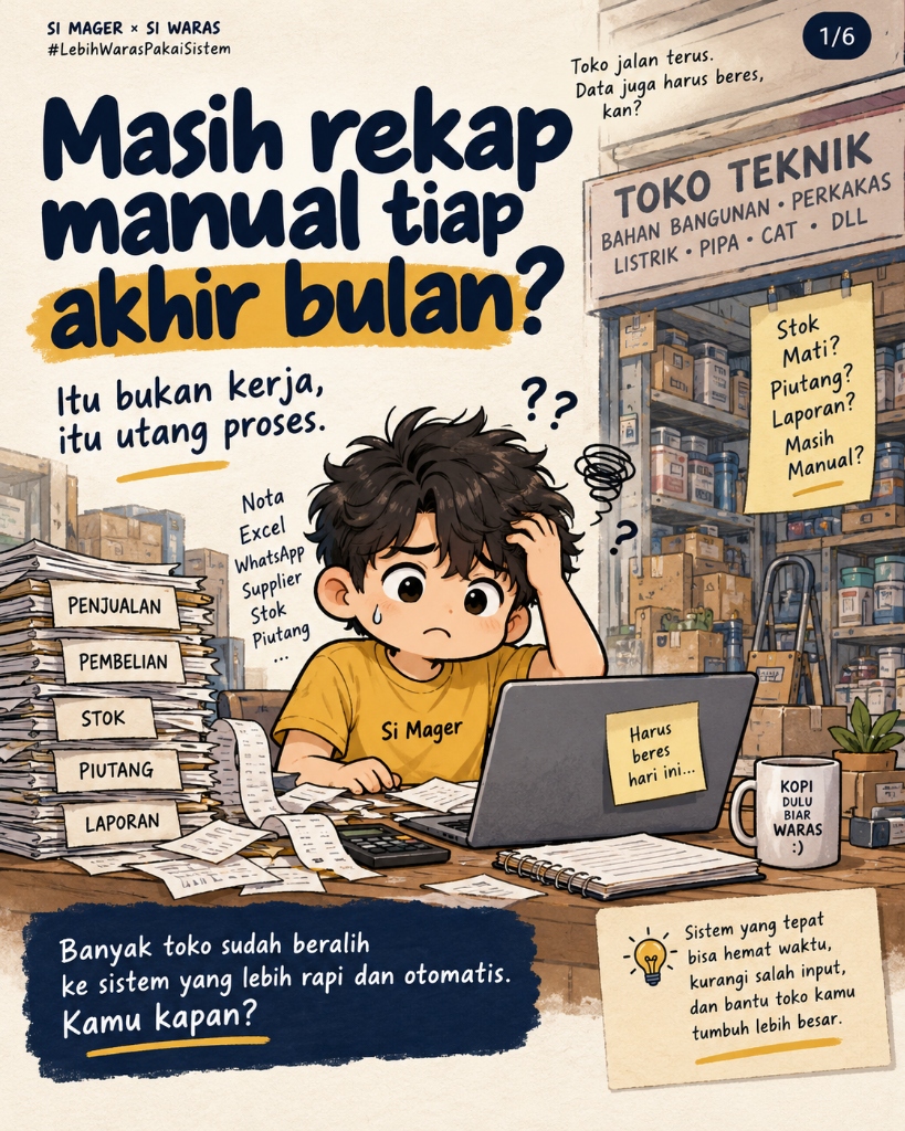 Ilustrasi komik Si Mager yang kewalahan rekap manual laporan dan nota